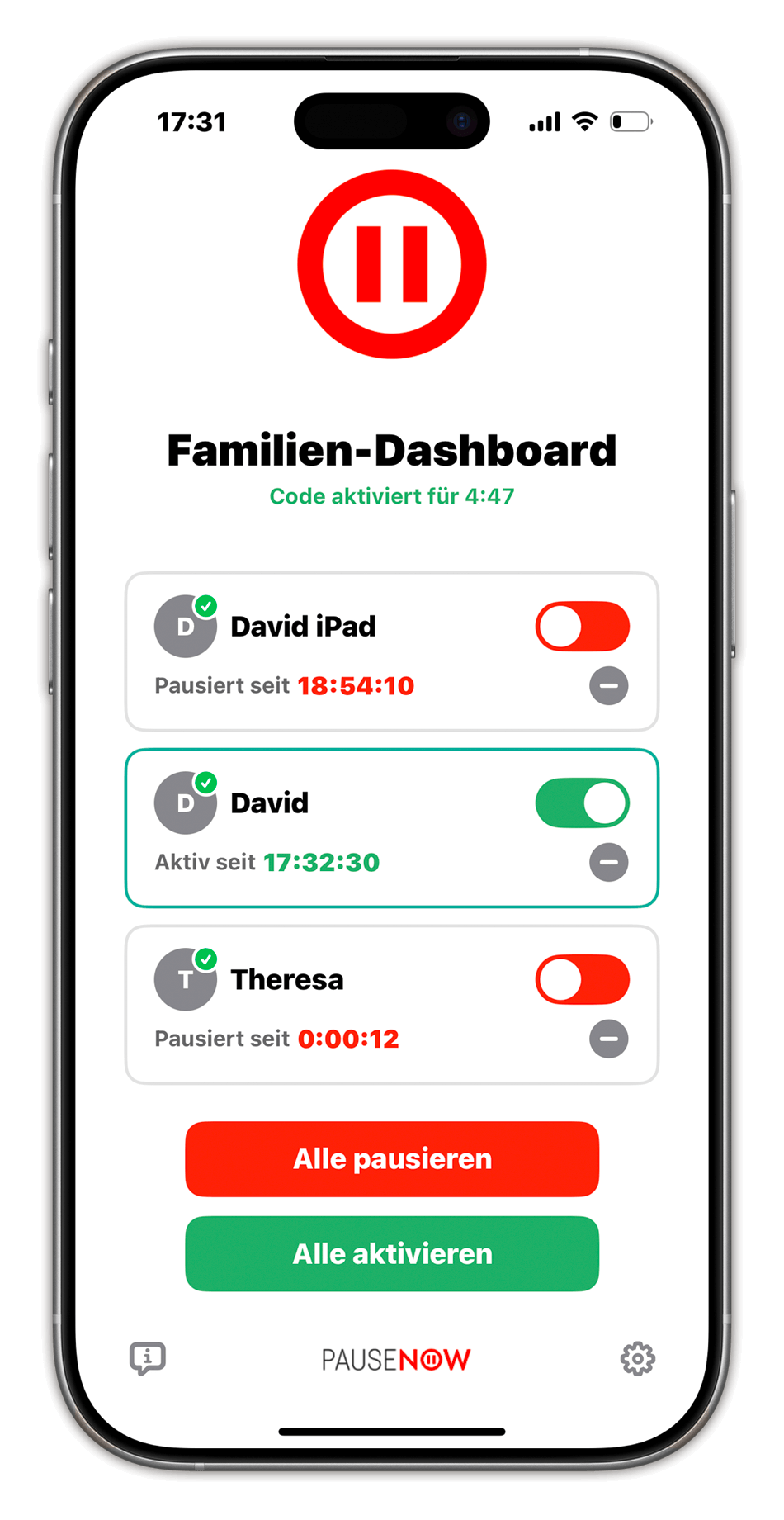 PauseNow Dashboard mit allen Kindergeräten