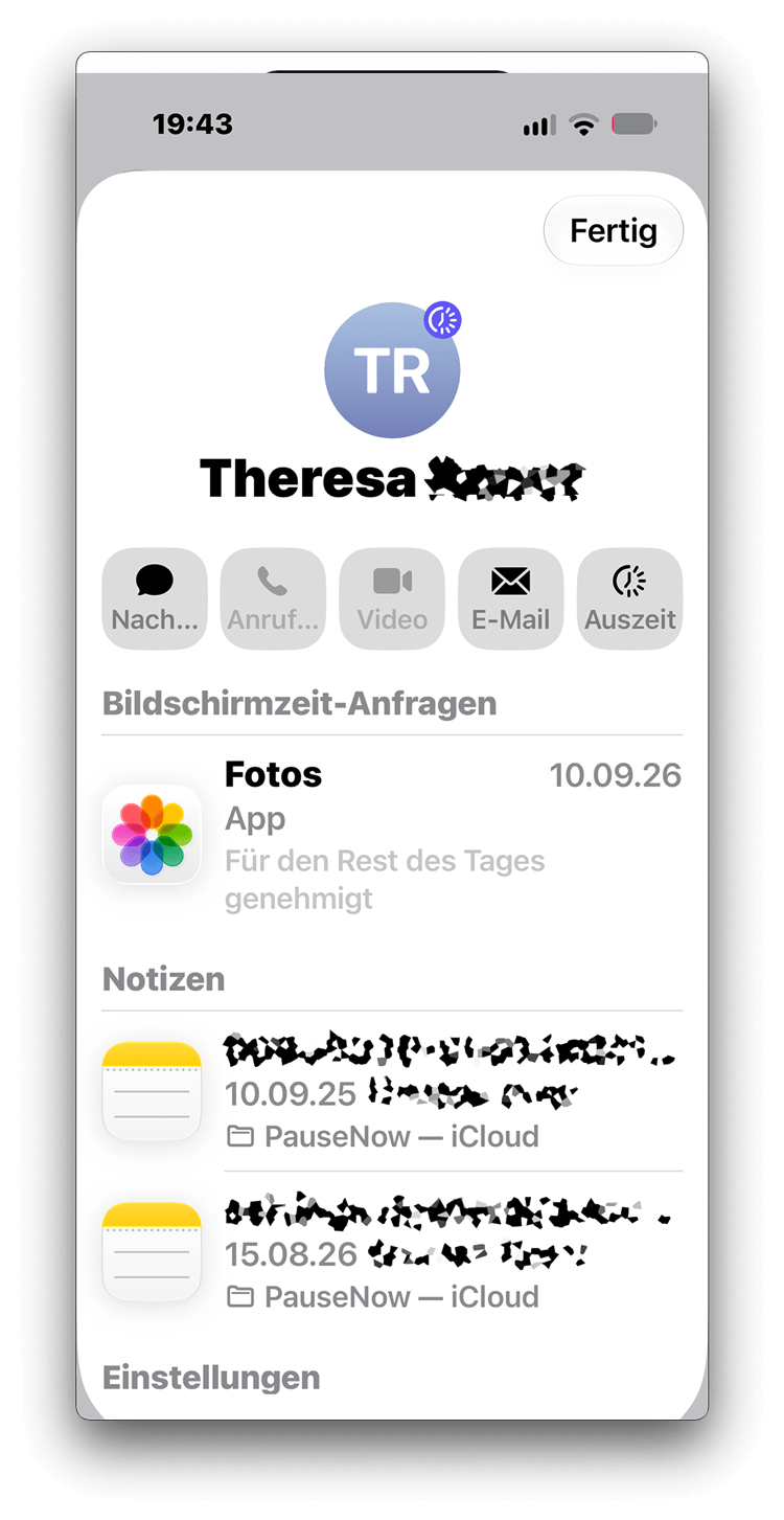 Kontaktkarte eines Kindes in der bisherigen Bildschirmzeit mit Auszeit, aber ohne Knopf zum Pausieren