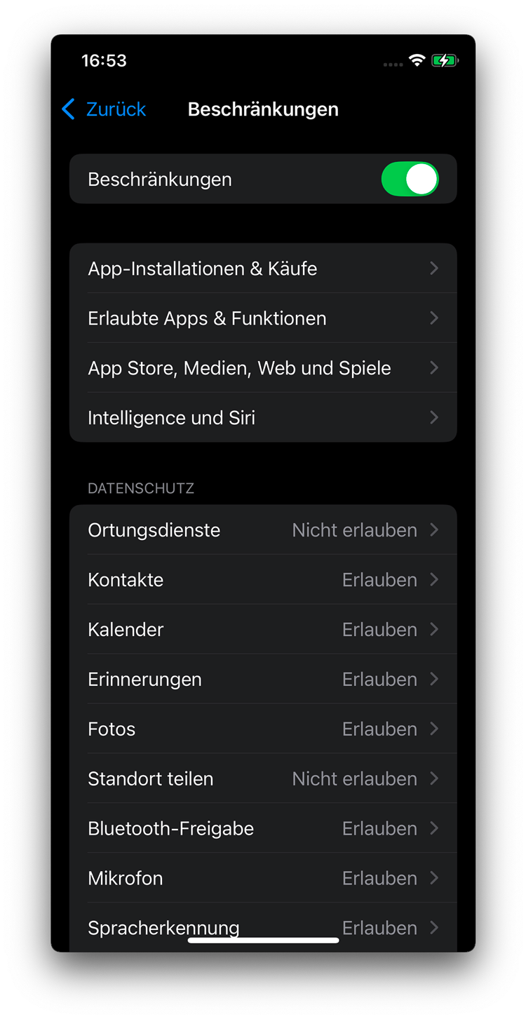 Beschränkungen Übersicht oben