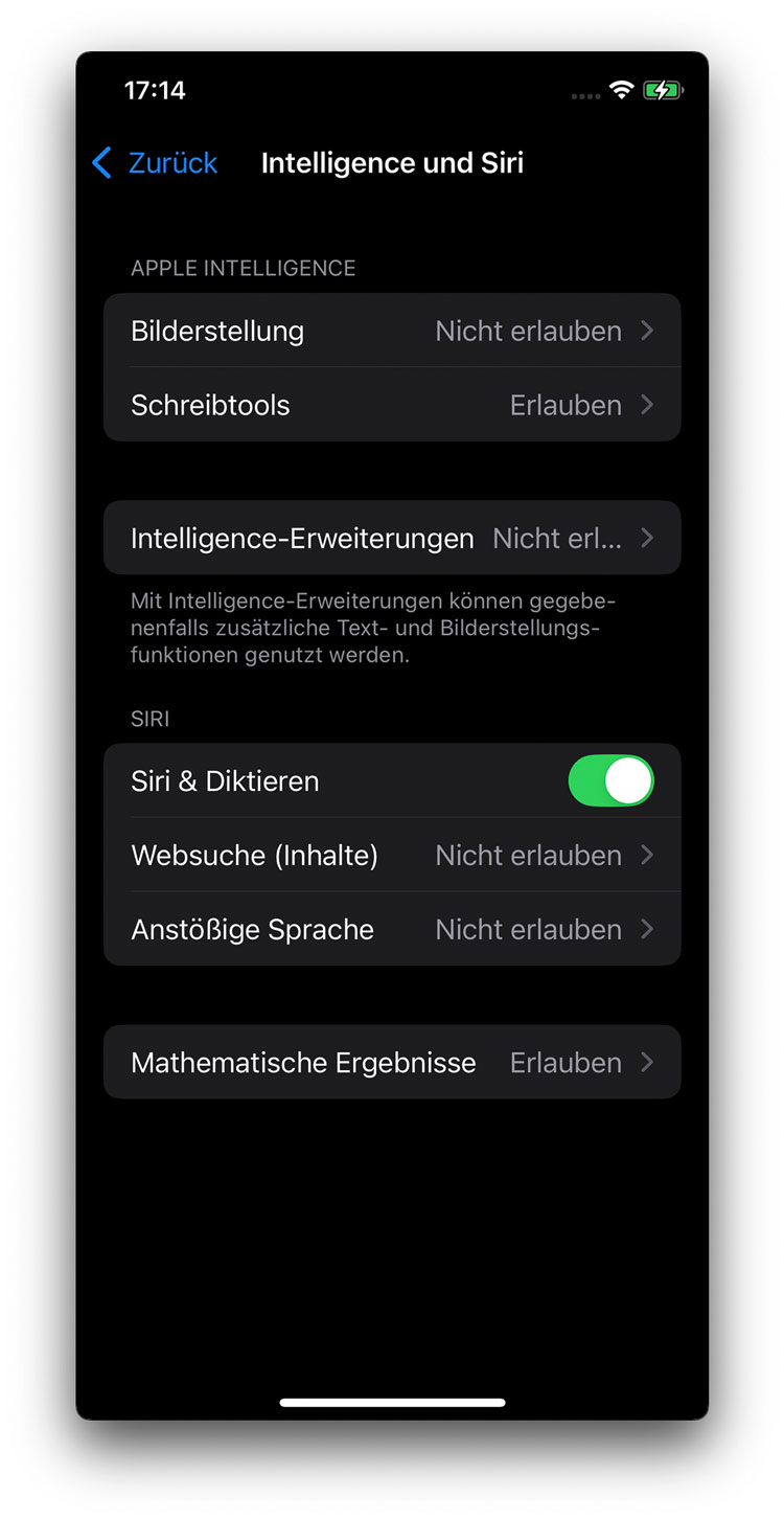 Intelligence und Siri Einstellungen