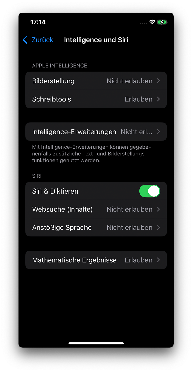 Intelligence und Siri Einstellungen