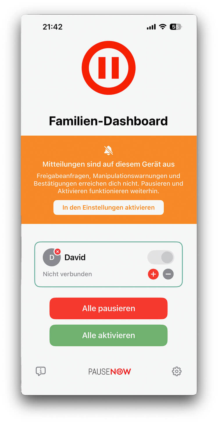 Oranger Hinweisstreifen im Familien-Dashboard
