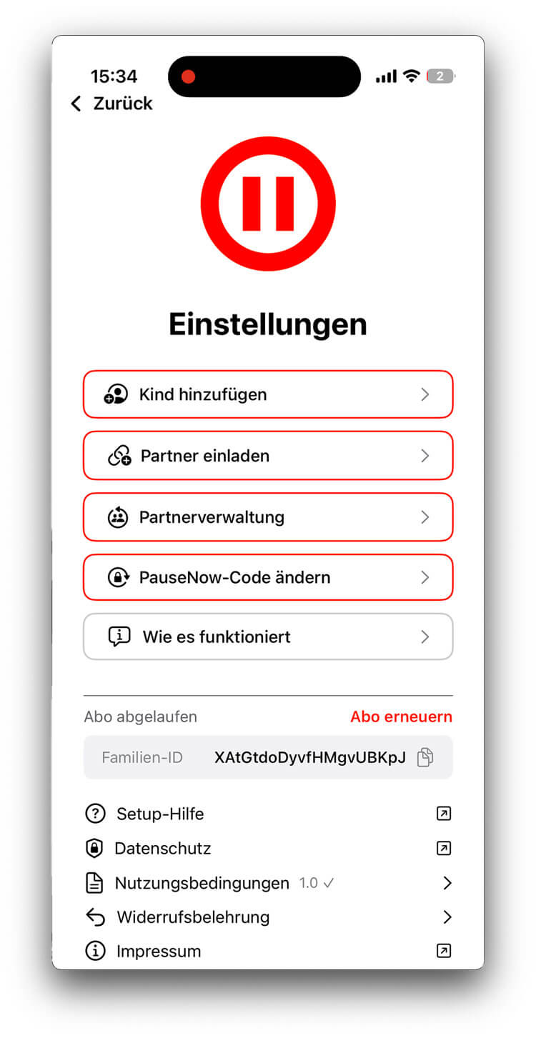 Einstellungen mit Nutzungsbedingungen und Versionsnummer