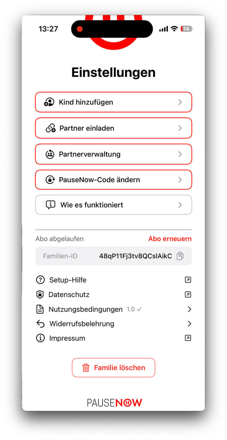 Einstellungen mit dem Button Familie löschen