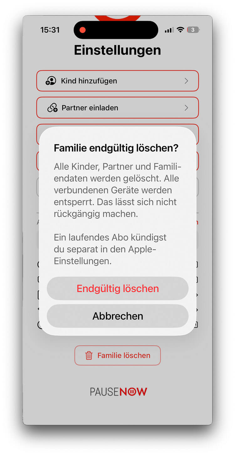 Sicherheitsabfrage Familie endgültig löschen