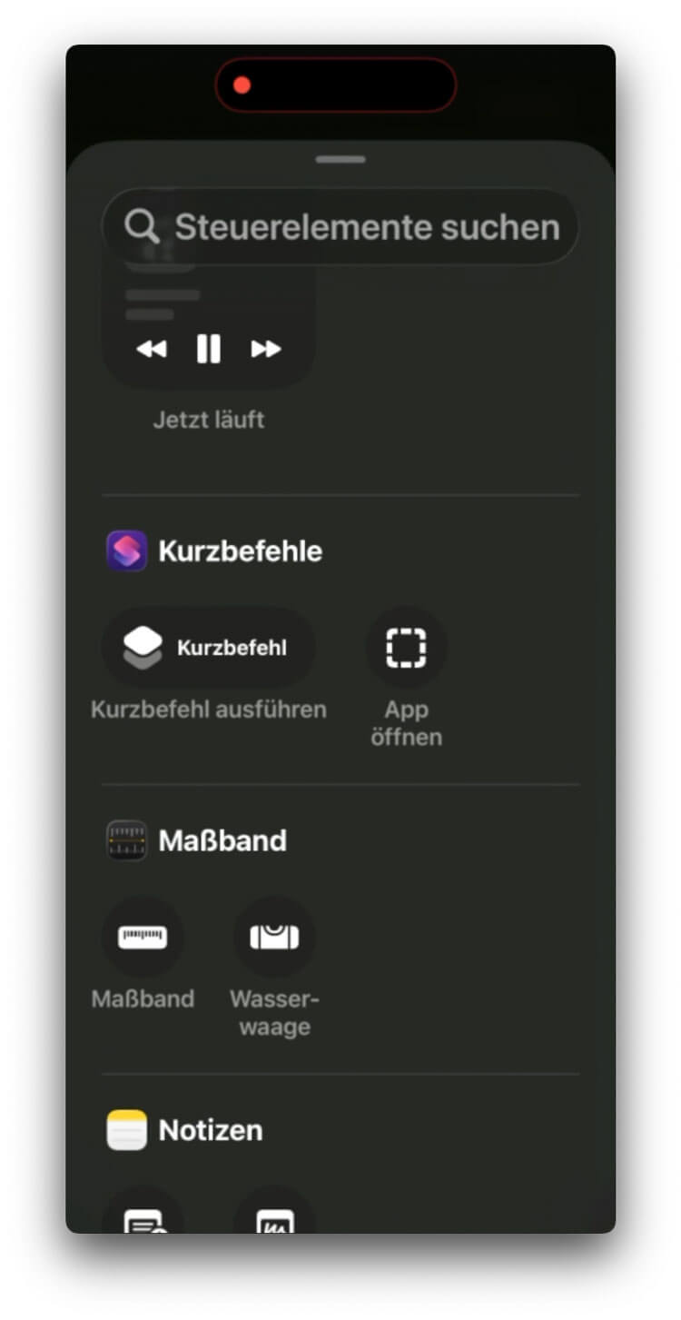 Steuerelemente-Galerie mit der Rubrik Kurzbefehle und dem Element App öffnen