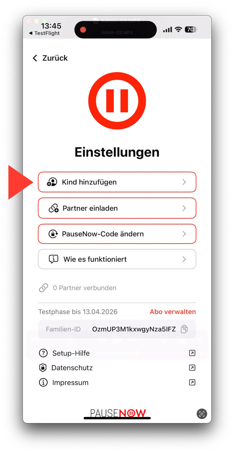Kind hinzufügen in Einstellungen