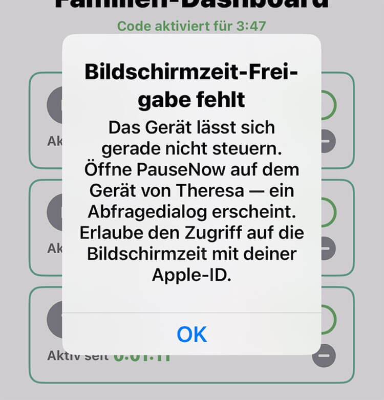 Pop-up: Bildschirmzeit-Freigabe fehlt