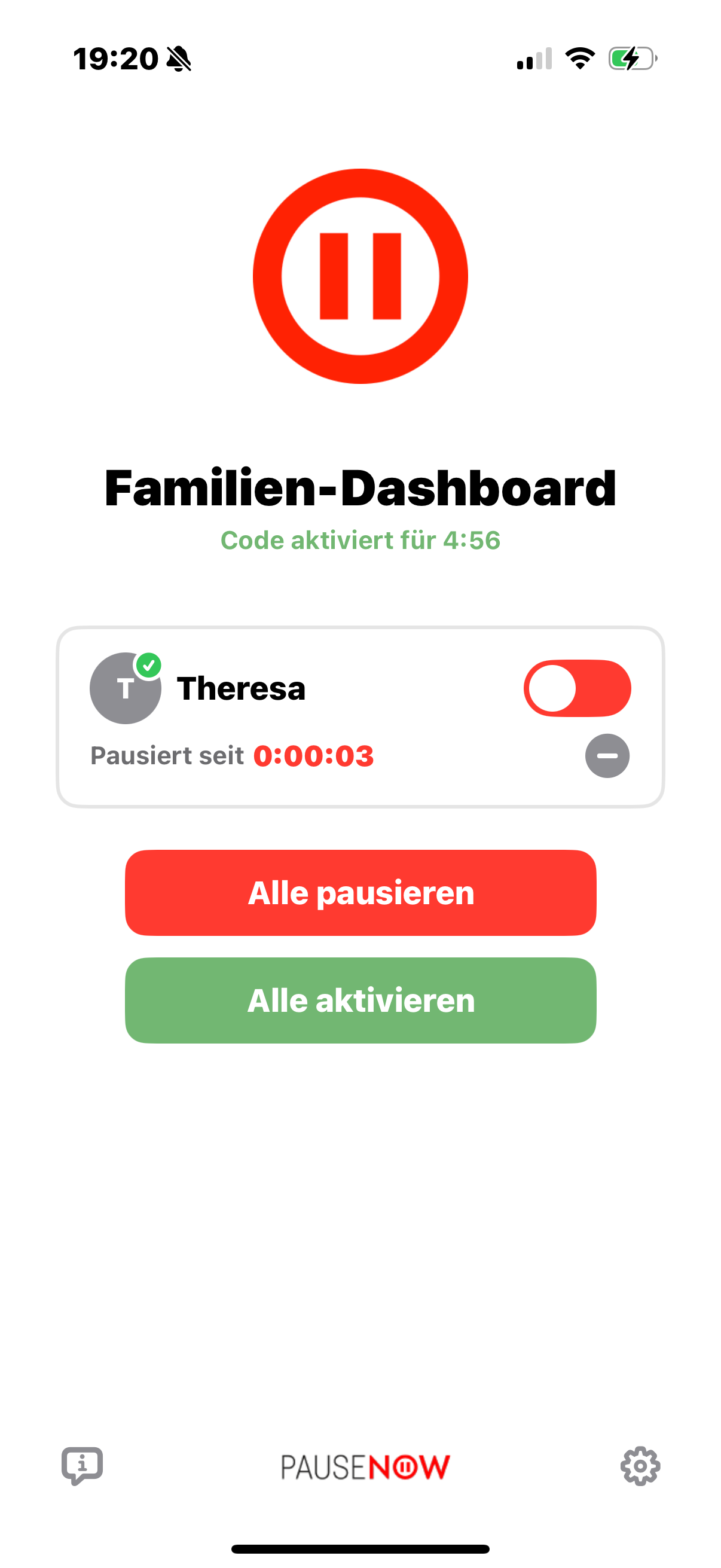 Dashboard mit Pausieren-Button